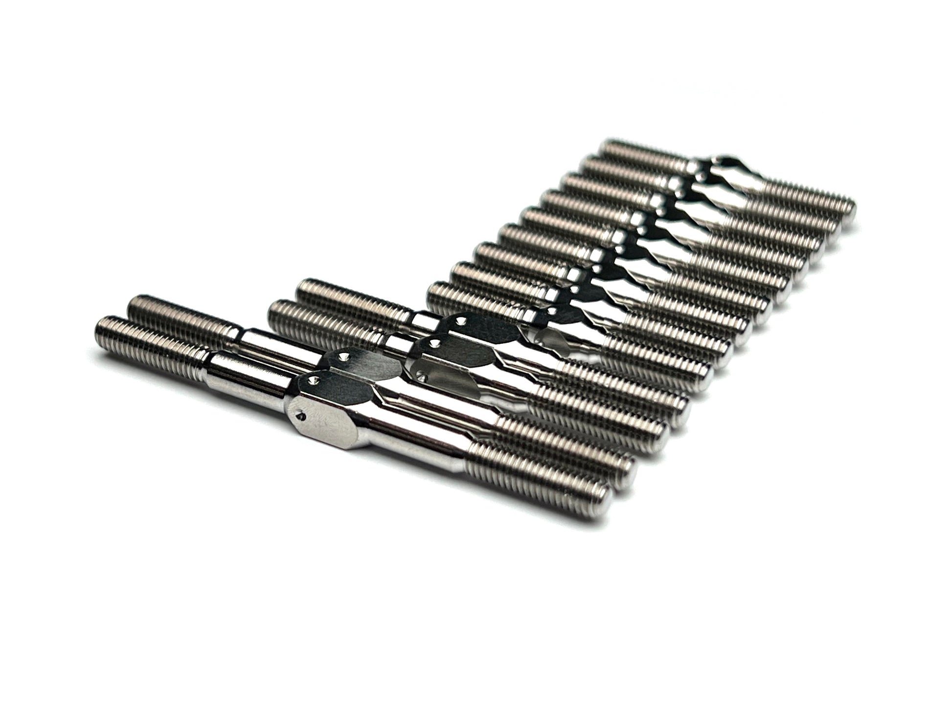 Sortafast titanium turnbuckle kit for Schumacher Mi10, Mi9 and Mi8 touring cars, 13-piece Grade 5 set with M3 threads and 4mm wrench flats.