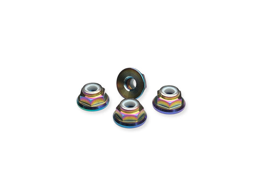 Sortafast M4 titanium flanged locknuts oil slick finish multi-color on white background