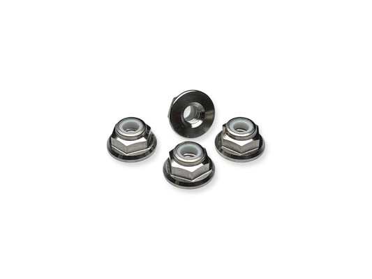 Sortafast M4 titanium flanged locknuts natural finish on white background