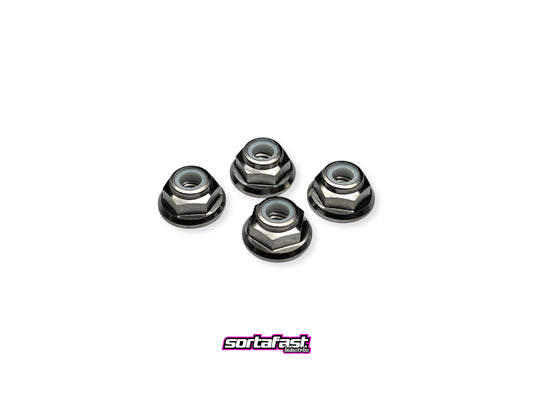Sortafast M4 titanium flanged locknuts natural finish on white background