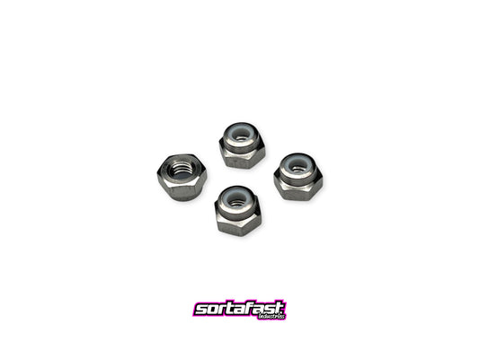 Sortafast M4 titanium locknuts natural finish on white background