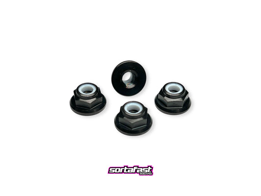 Sortafast M4 titanium flanged locknuts black finish on white background