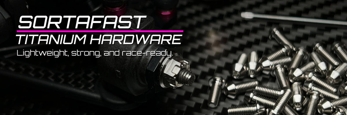 Promotional graphic for Sortafast Titanium Hardware, showing a close-up of a titanium wheel nut on a RC car with several titanium screws scattered on a dark carbon-fiber-textured background. Large white and pink text reads 'SORTAFAST TITANIUM HARDWARE' with the tagline 'Lightweight, strong, and race-ready.