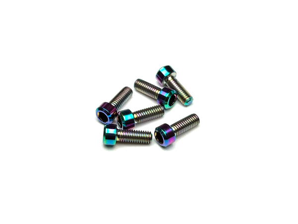 Sortafast M3 titanium pan car rear wheel screws in Oil Slick PVD finish with 4.75mm diameter head, 6-pack.