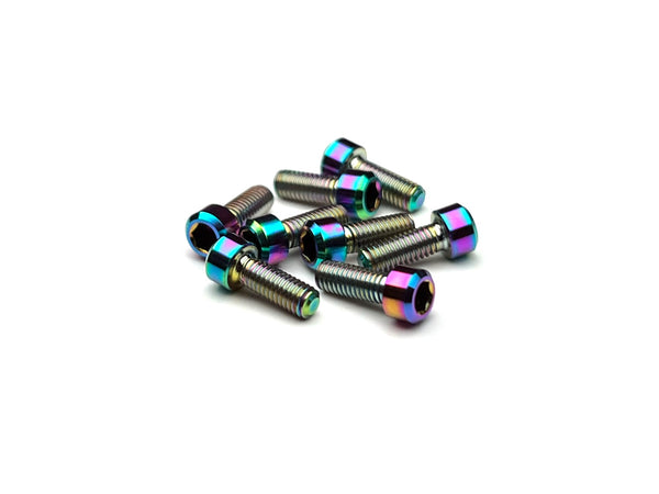 Sortafast M3 titanium pan car rear wheel screws in Oil Slick PVD finish with 4.75mm diameter head, 8-pack.