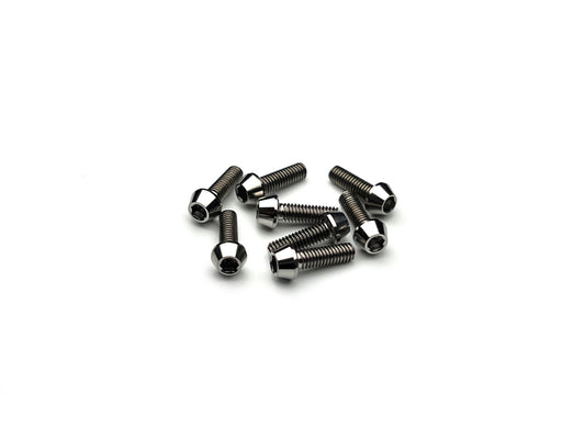 Sortafast M2.5 titanium rear wheel screws – 8 pack for 1/10 and 1/12 scale pan cars with tapered head design.
