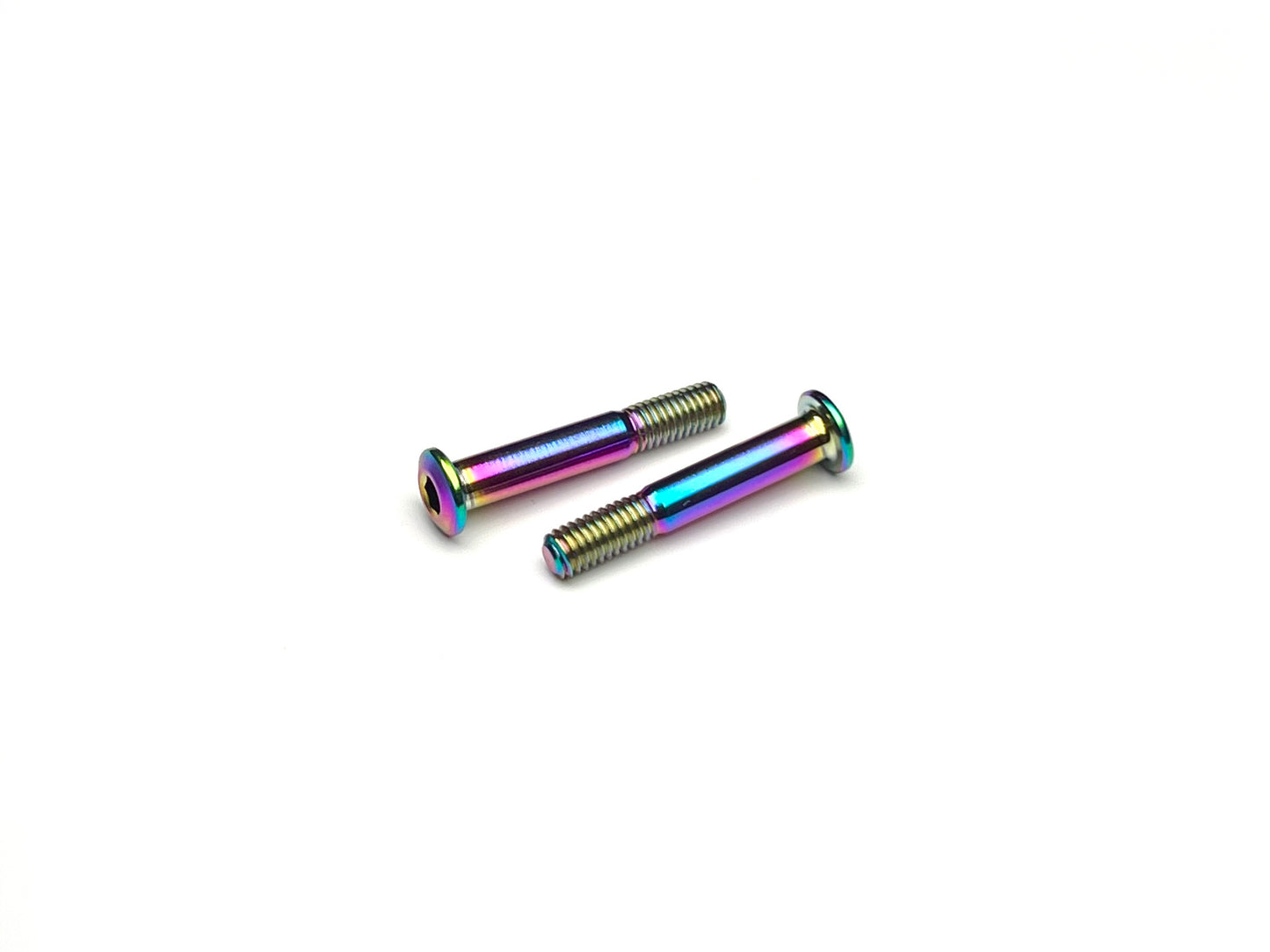 Oil slick titanium body stop screws (2pc) on white background
