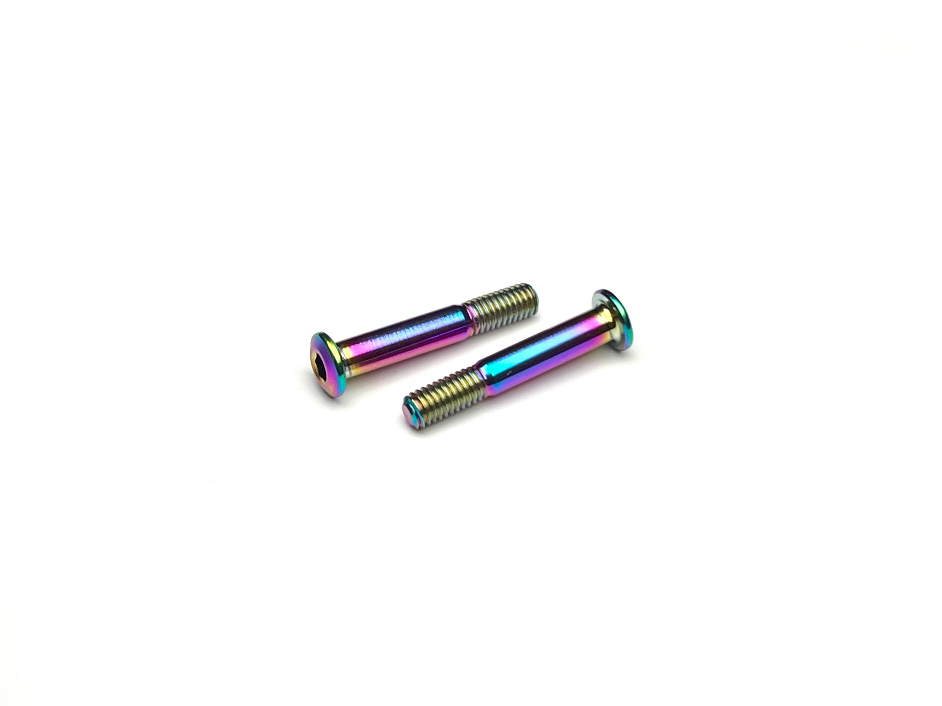 Oil slick titanium body stop screws (2pc) on white background