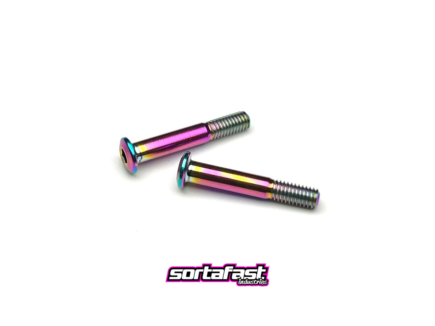 Oil slick titanium body stop screws (2pc) on white background