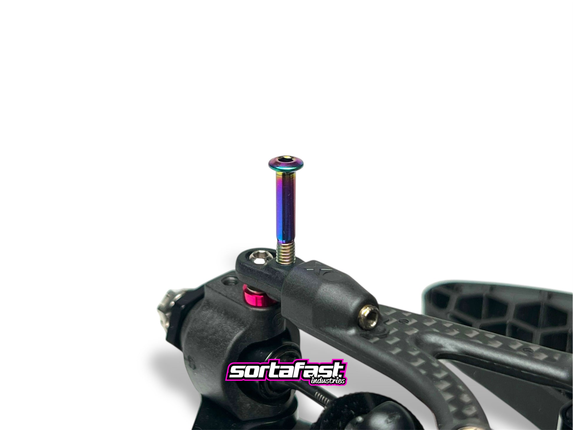 Oil slick titanium body stop screws (2pc) installed on Xray X4 upper arm
